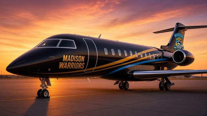 Concept art: Black business jet in Warriors livery with the crest on the tail