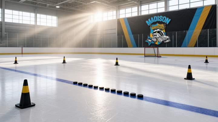 Concept art: Empty practice rink with cones, pucks and a Warriors banner