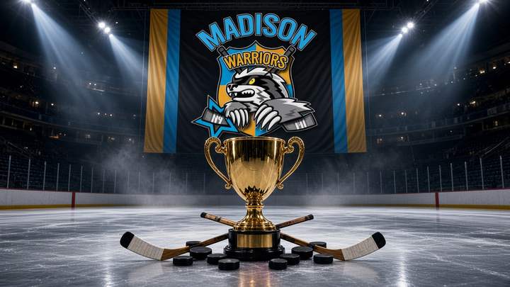 Concept art: Gold trophy on the ice under a Warriors crest banner