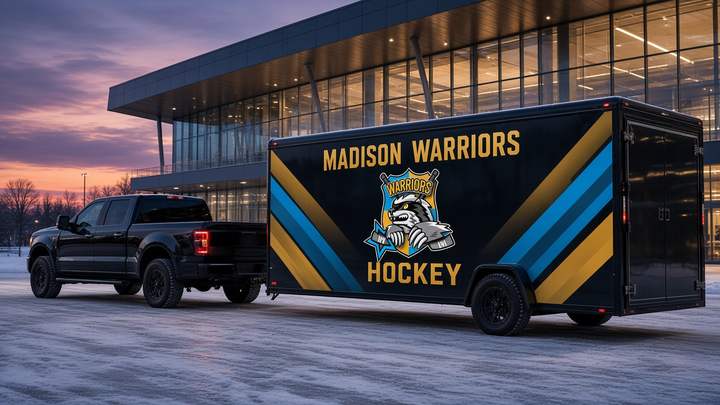 Concept art: Black gear trailer wrapped in Warriors colors and crest
