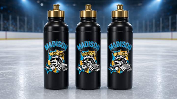 Concept art: Hockey water bottles with the Warriors crest on the ice